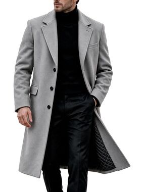 🆕 Runcati Men's Grey Quilted Long Notch Lapel Single Breasted Trench Pea Coat